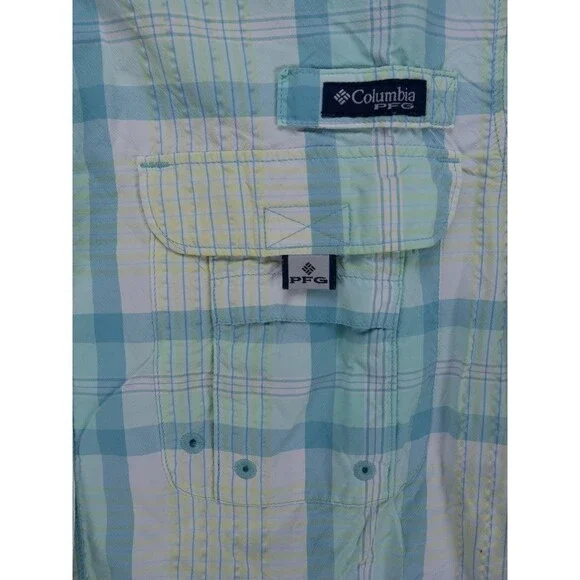 Columbia PFG Shirt Womens Medium White Blue Plaid Super Bahama Fishing Outdoor - Picture 6 of 15